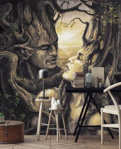 mural de papel pintado marrón de un bosque de fantasía llamado La pareja de Severine Pineaux para dormitorios