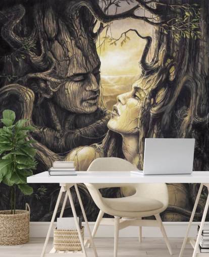 Braune Fantasy-Wald-Wandtapete namens The Couple von Severine Pineaux für Schlafzimmer Braune Fantasy-Wald-Wandtapete namens The Couple von Severine Pineaux für Schlafzimmer