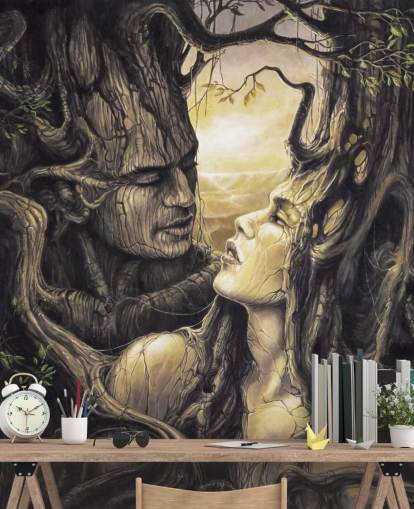 mural de papel de parede marrom fantasy forest chamado The Couple, de Severine Pineaux, para quartos