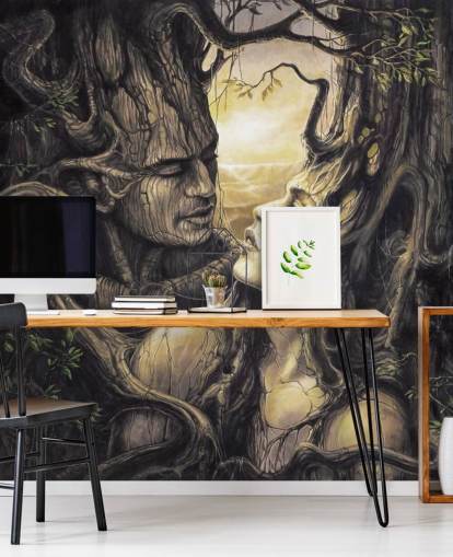 brown fantasy forest wallpaper mural called The Couple by Severine Pineaux for bedrooms