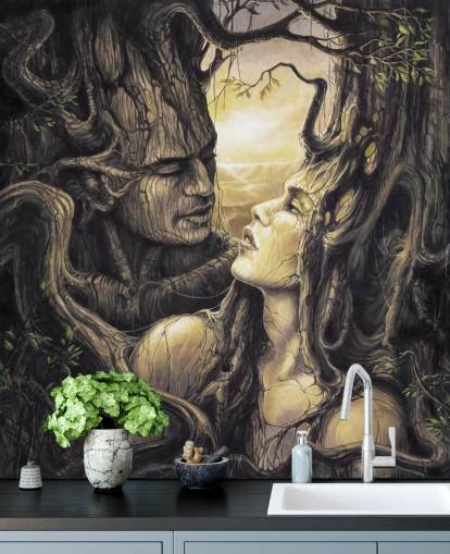 mural de papel pintado marrón de un bosque de fantasía llamado La pareja de Severine Pineaux para dormitorios mural de papel pintado marrón de un bosque de fantasía llamado La pareja de Severine Pineaux para dormitorios