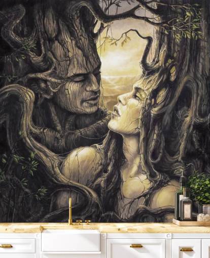 mural de papel pintado marrón de un bosque de fantasía llamado La pareja de Severine Pineaux para dormitorios