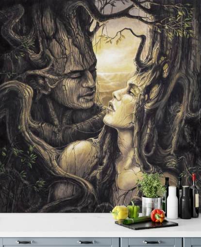 brown fantasy forest wallpaper mural called The Couple by Severine Pineaux for bedrooms