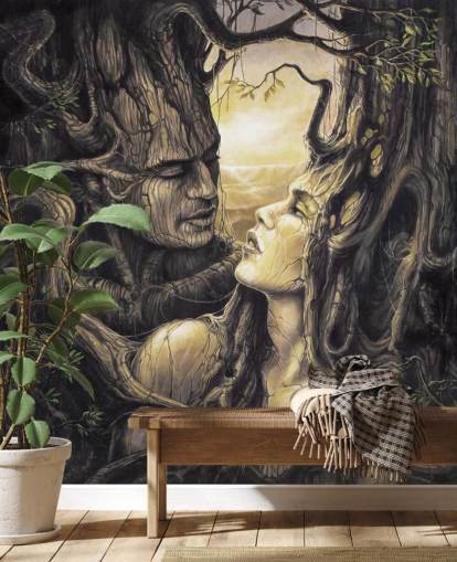 brown fantasy forest wallpaper mural called The Couple by Severine Pineaux for bedrooms brown fantasy forest wallpaper mural called The Couple by Severine Pineaux for bedrooms