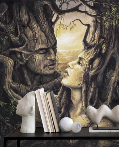mural de papel pintado marrón de un bosque de fantasía llamado La pareja de Severine Pineaux para dormitorios