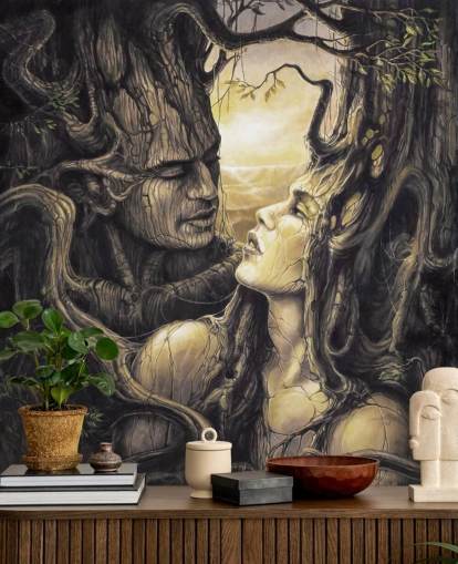 brown fantasy forest wallpaper mural called The Couple by Severine Pineaux for bedrooms