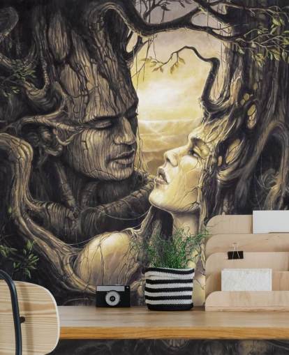 brown fantasy forest wallpaper mural called The Couple by Severine Pineaux for bedrooms