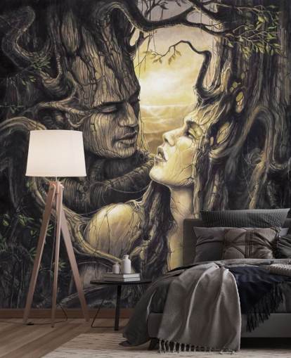 brown fantasy forest wallpaper mural called The Couple by Severine Pineaux for bedrooms