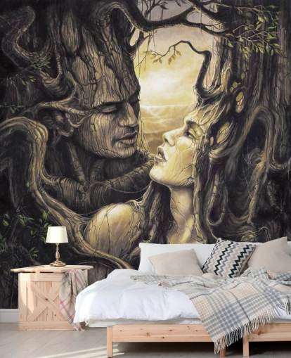 Braune Fantasy-Wald-Wandtapete namens The Couple von Severine Pineaux für Schlafzimmer