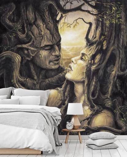 bruine fantasiebosbehangmuurschildering genaamd The Couple van Severine Pineaux voor slaapkamers bruine fantasiebosbehangmuurschildering genaamd The Couple van Severine Pineaux voor slaapkamers