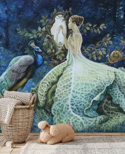 Kohl-Kleid-Lady und Peacock Tapete