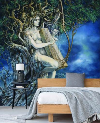 Tree Woman speelt Harp Behang