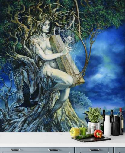 Fond d'écran arbre femme jouant à la harpe Fond d'écran arbre femme jouant à la harpe