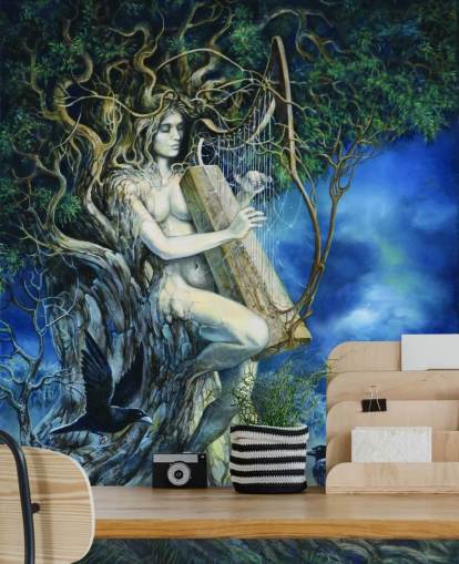 Papel de Parede de Harpa Jogando Mulher Árvore