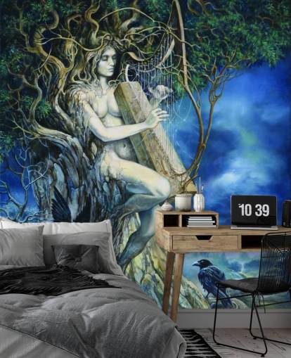 Fond d'écran arbre femme jouant à la harpe