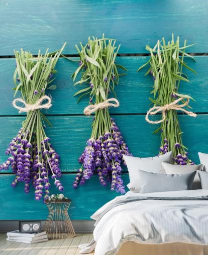 Lavender Boughs on Blue Wood Wall Mural