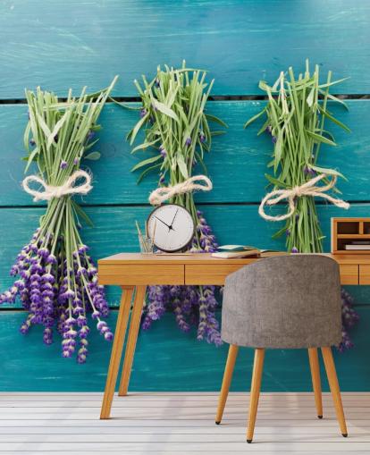 Lavender Boughs on Blue Wood Wall Mural