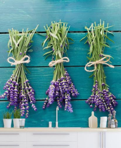 Lavender Boughs on Blue Wood Wall Mural