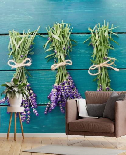 Lavender Boughs on Blue Wood Wall Mural