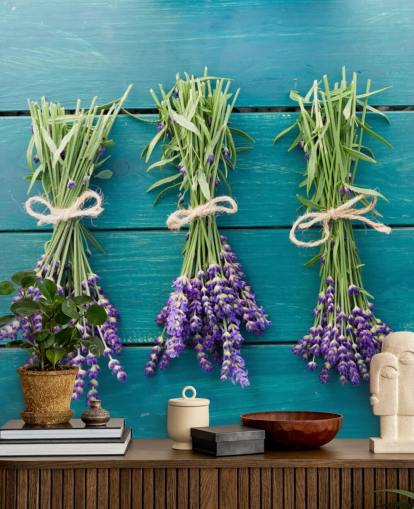 Ramos de lavanda no mural de parede de madeira azul Ramos de lavanda no mural de parede de madeira azul