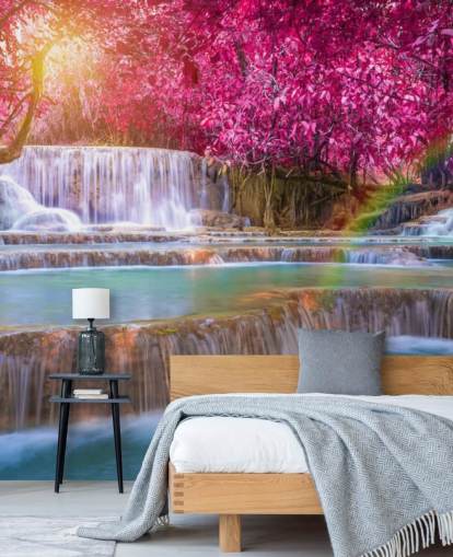 pink and blue waterfall wallpaper mural called Blossom Waterfall for homes, offices and businesses 