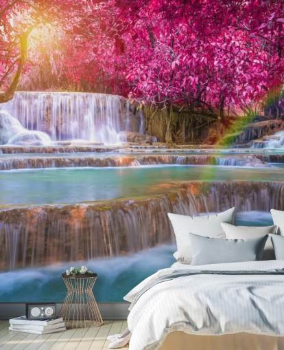mural de papel pintado de cascada rosa y azul llamado Blossom Waterfall para hogares, oficinas y negocios 