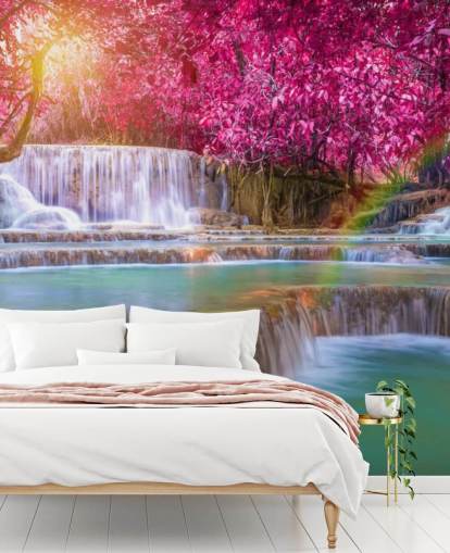 mural de papel pintado de cascada rosa y azul llamado Blossom Waterfall para hogares, oficinas y negocios 