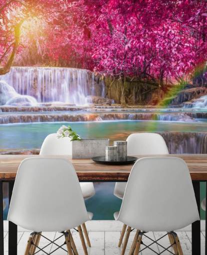 roze en blauwe waterval muurschildering genaamd Blossom Waterfall voor huizen, kantoren en bedrijven 