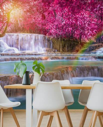 pink and blue waterfall wallpaper mural called Blossom Waterfall for homes, offices and businesses 