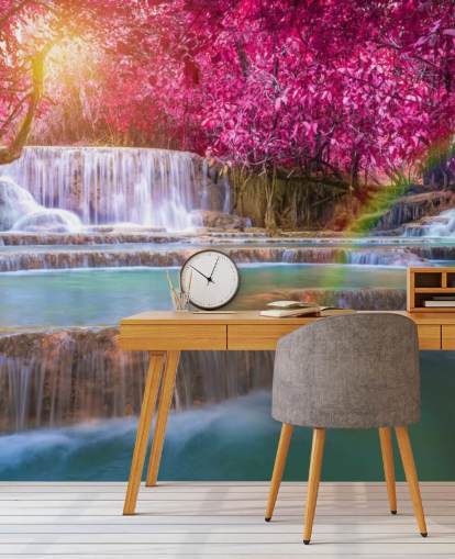 mural de papel de parede em cascata rosa e azul chamado Blossom Waterfall para residências, escritórios e empresas 