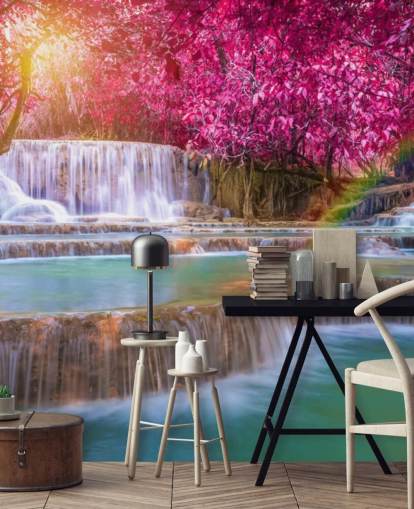 pink and blue waterfall wallpaper mural called Blossom Waterfall for homes, offices and businesses 