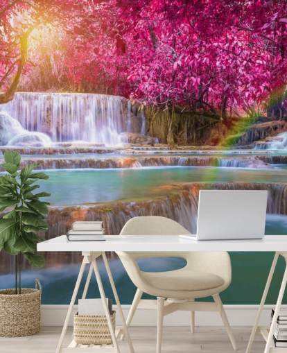 pink and blue waterfall wallpaper mural called Blossom Waterfall for homes, offices and businesses 