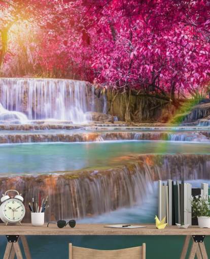 carta da parati murale con cascata rosa e blu chiamata Blossom Waterfall per case, uffici e aziende 