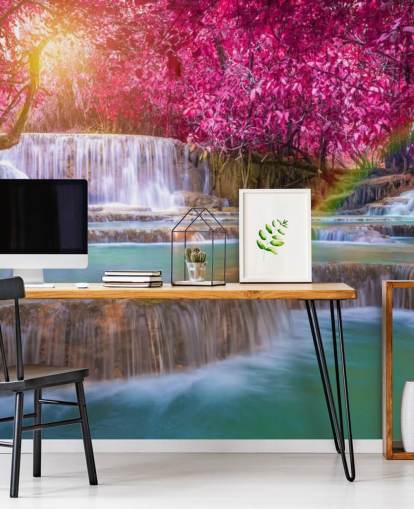 lyserødt og blåt vandfald tapetmaleri kaldet Blossom Waterfall til hjem, kontorer og virksomheder 