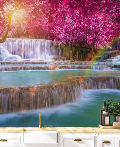 pink and blue waterfall wallpaper mural called Blossom Waterfall for homes, offices and businesses 