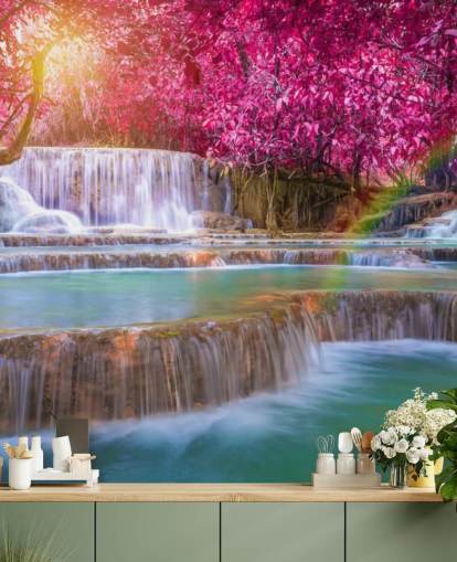 vaaleanpunainen ja sininen vesiputous taustakuvamaalaus nimeltä Blossom Waterfall kodeille, toimistoille ja yrityksille 