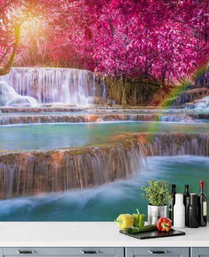 carta da parati murale con cascata rosa e blu chiamata Blossom Waterfall per case, uffici e aziende 
