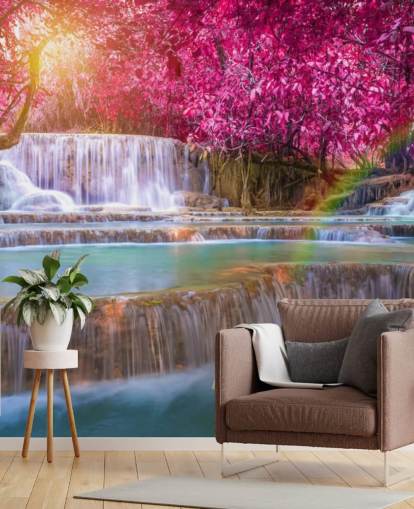 mural de papel pintado de cascada rosa y azul llamado Blossom Waterfall para hogares, oficinas y negocios 