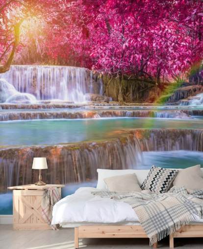 mural de papel pintado de cascada rosa y azul llamado Blossom Waterfall para hogares, oficinas y negocios mural de papel pintado de cascada rosa y azul llamado Blossom Waterfall para hogares, oficinas y negocios