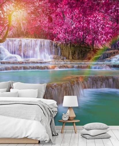 carta da parati murale con cascata rosa e blu chiamata Blossom Waterfall per case, uffici e aziende 