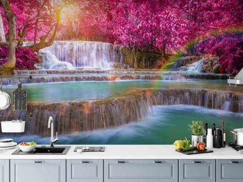 rosa og blå foss tapetmaleri kalt Blossom Waterfall for hjem, kontorer og bedrifter 
