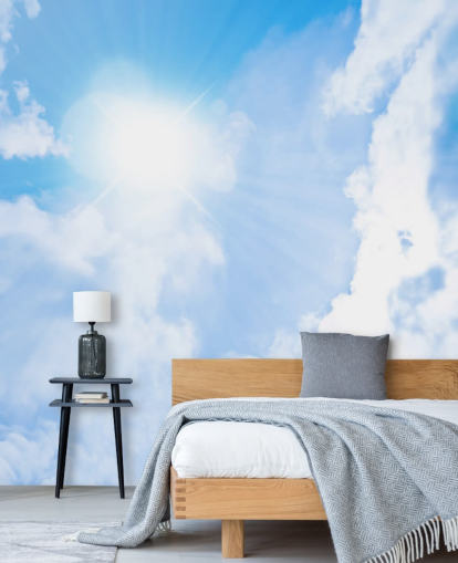blauwe en witte hemelmuurschildering genaamd Sunlight Through Clouds voor slaapkamers, woonkamers en thuiskantoren