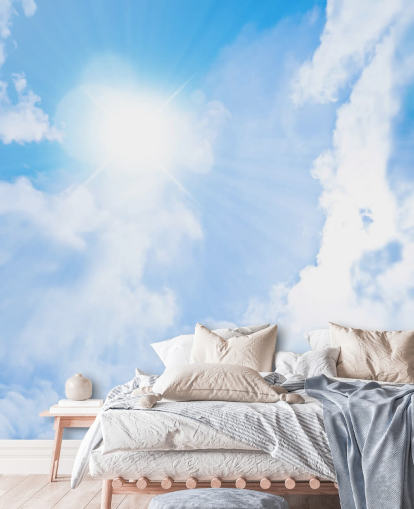 carta da parati murale con cielo blu e bianco chiamato Sunlight Through Clouds per camere da letto, salotti e uffici domestici