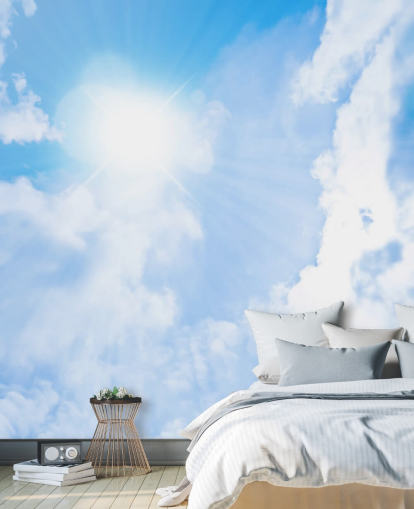 mural de papel de parede de céu azul e branco chamado Sunlight Through Clouds para quartos, salas de estar e escritórios domésticos