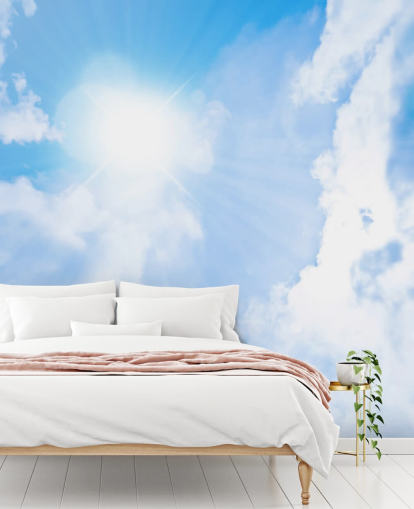 mural de papel pintado de cielo azul y blanco llamado Sunlight Through Clouds para dormitorios, salas de estar y oficinas en casa