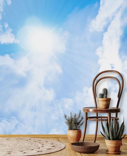 blauwe en witte hemelmuurschildering genaamd Sunlight Through Clouds voor slaapkamers, woonkamers en thuiskantoren