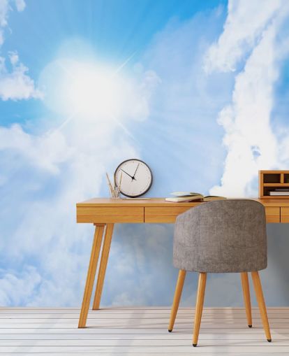 mural de papel de parede de céu azul e branco chamado Sunlight Through Clouds para quartos, salas de estar e escritórios domésticos