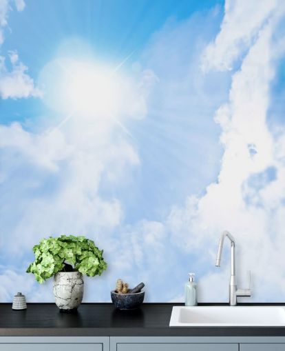blue and white sky wallpaper mural called Sunlight Through Clouds for bedrooms, living rooms and home offices