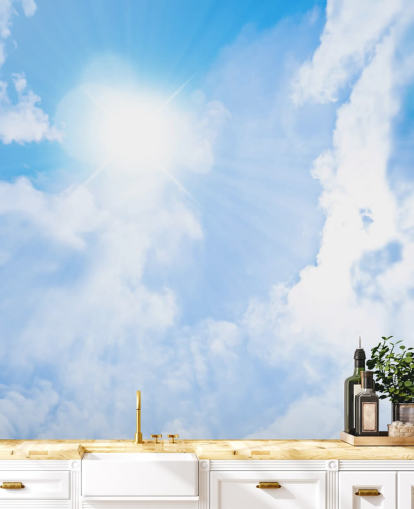 carta da parati murale con cielo blu e bianco chiamato Sunlight Through Clouds per camere da letto, salotti e uffici domestici