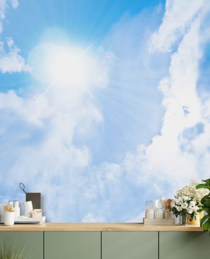Tapetentapete mit blauem und weißem Himmel namens Sunlight Through Clouds für Schlafzimmer, Wohnzimmer und Heimbüros